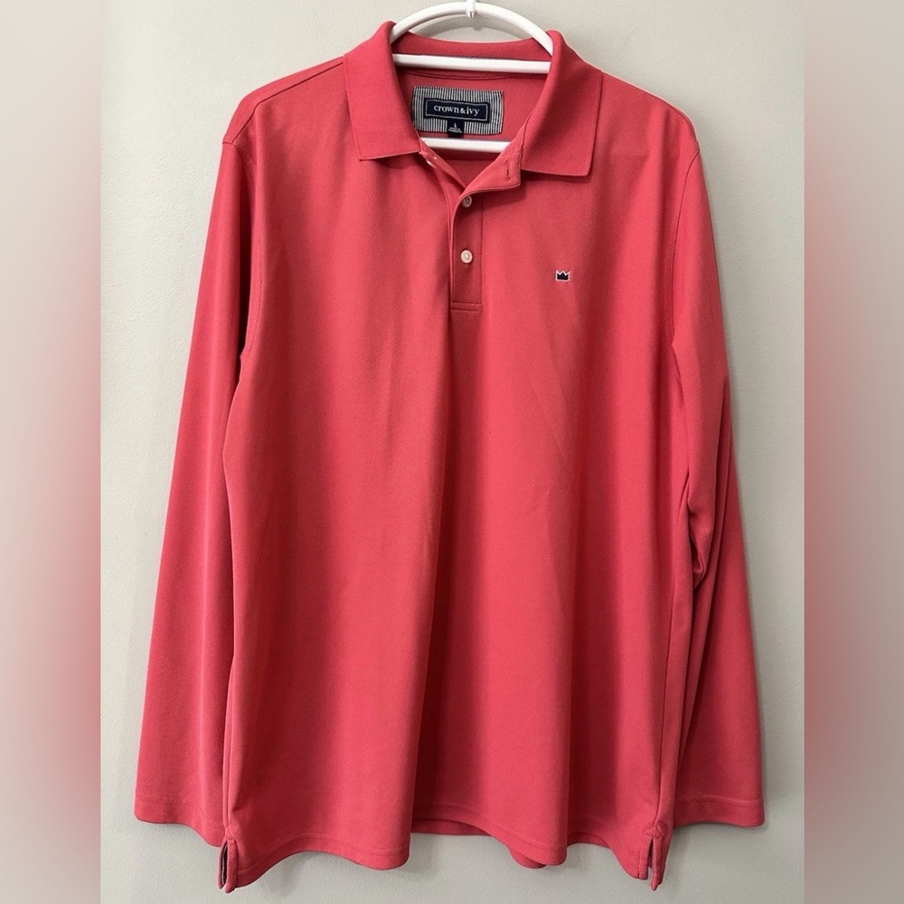 Crown & Ivy Men's Long Sleeve Polo Shirt Size Large Pink Coral Performance Pique